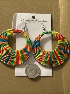 NWT Earrings Rainbow Thread-Wrapped Hoops pierced drop hook, silvertone